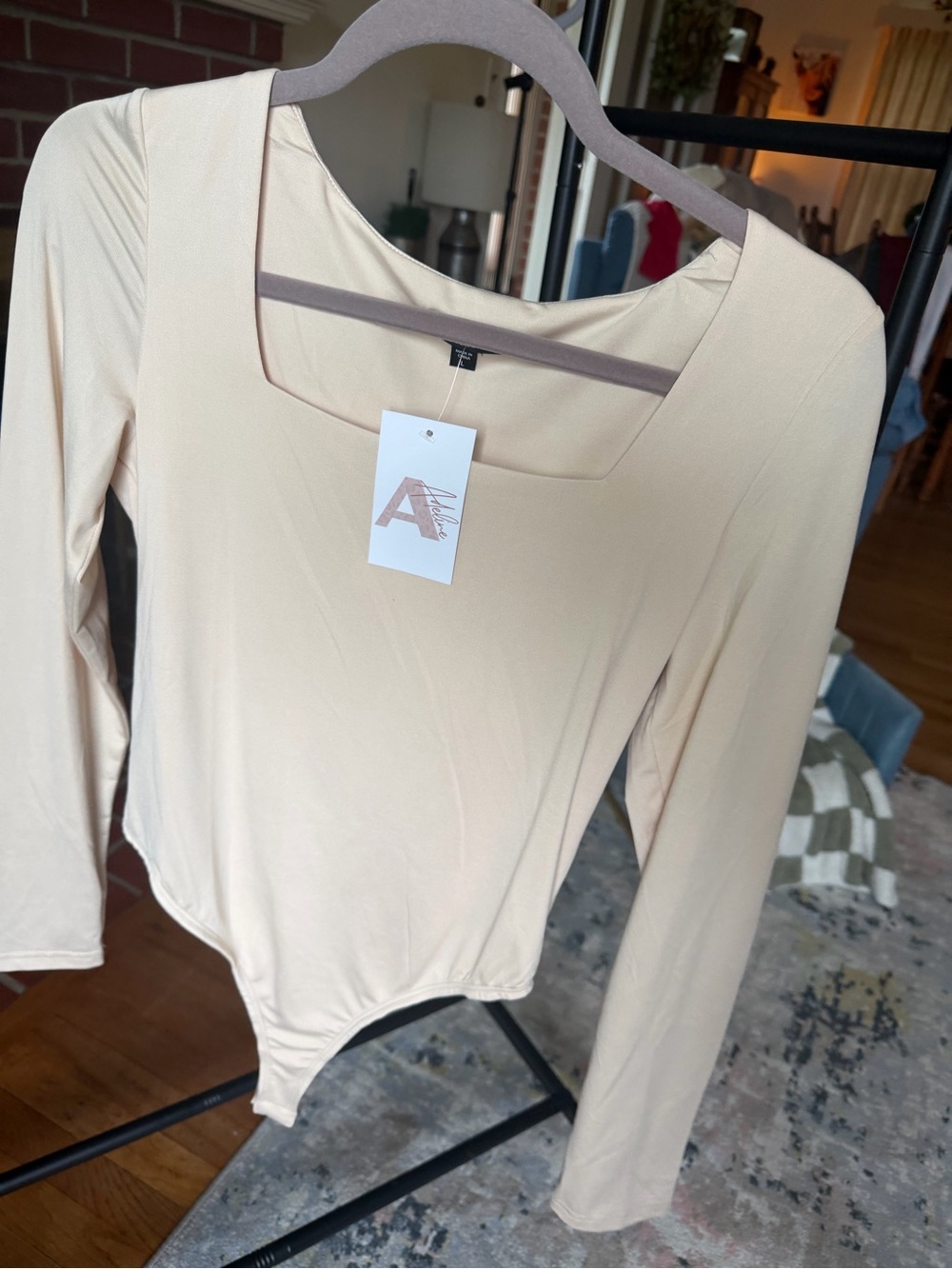 mittoshop - Long-Sleeve Square Neck Bodysuit - Beige